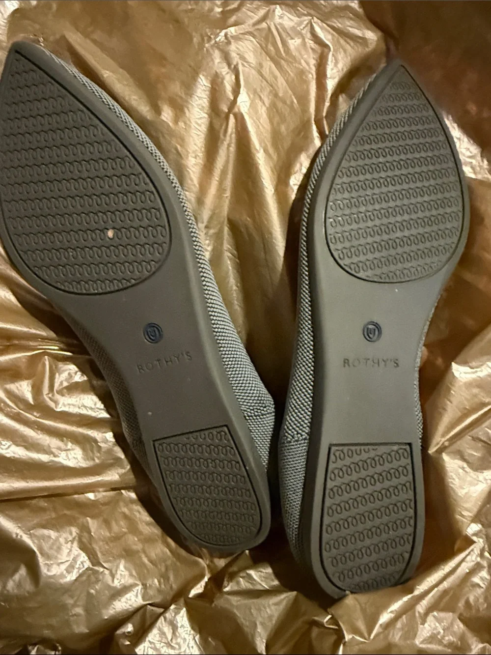 Rothy's Pointed Knit Flats in Gray with Blue Trim